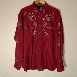 Men’s Wrangler Shirt Rodeo Ben Western Snap Cotton Red Gray Silver XL